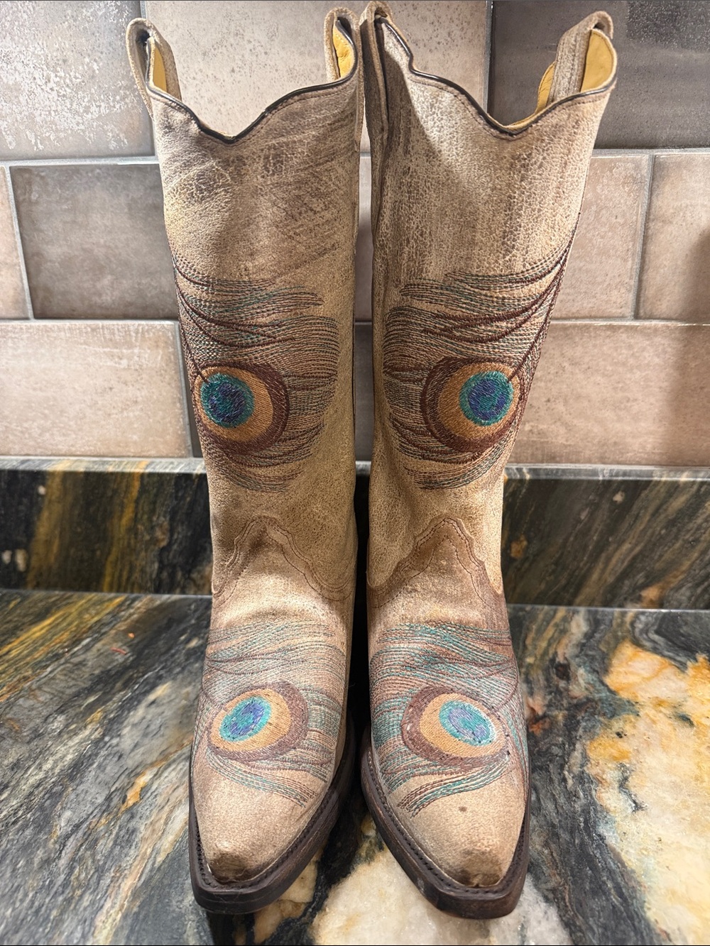 Women's Tan Embroidered Peacock Feather Heeled Boots